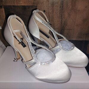 ERIJUNOR Women Low Heel Closed-Toe Ankle Strap Platform Satin Bridal Wedding